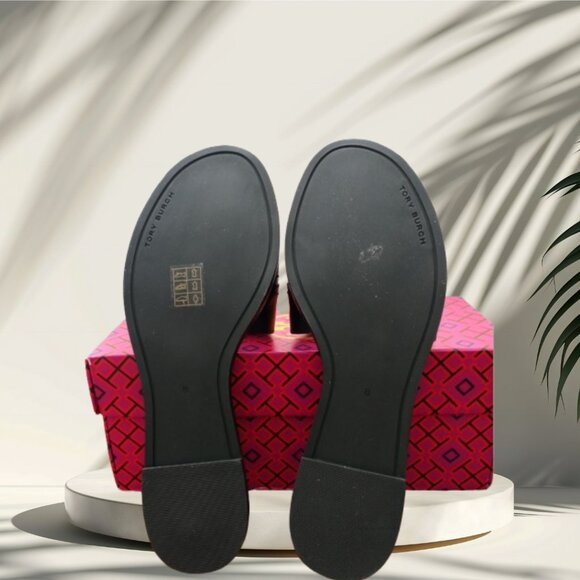 TORY BURCH EVERLY BLACK LEATHER HARDWARE LOGO W/BOX DUSTBAG SANDALS SLIDES 8 - Picture 6 of 9